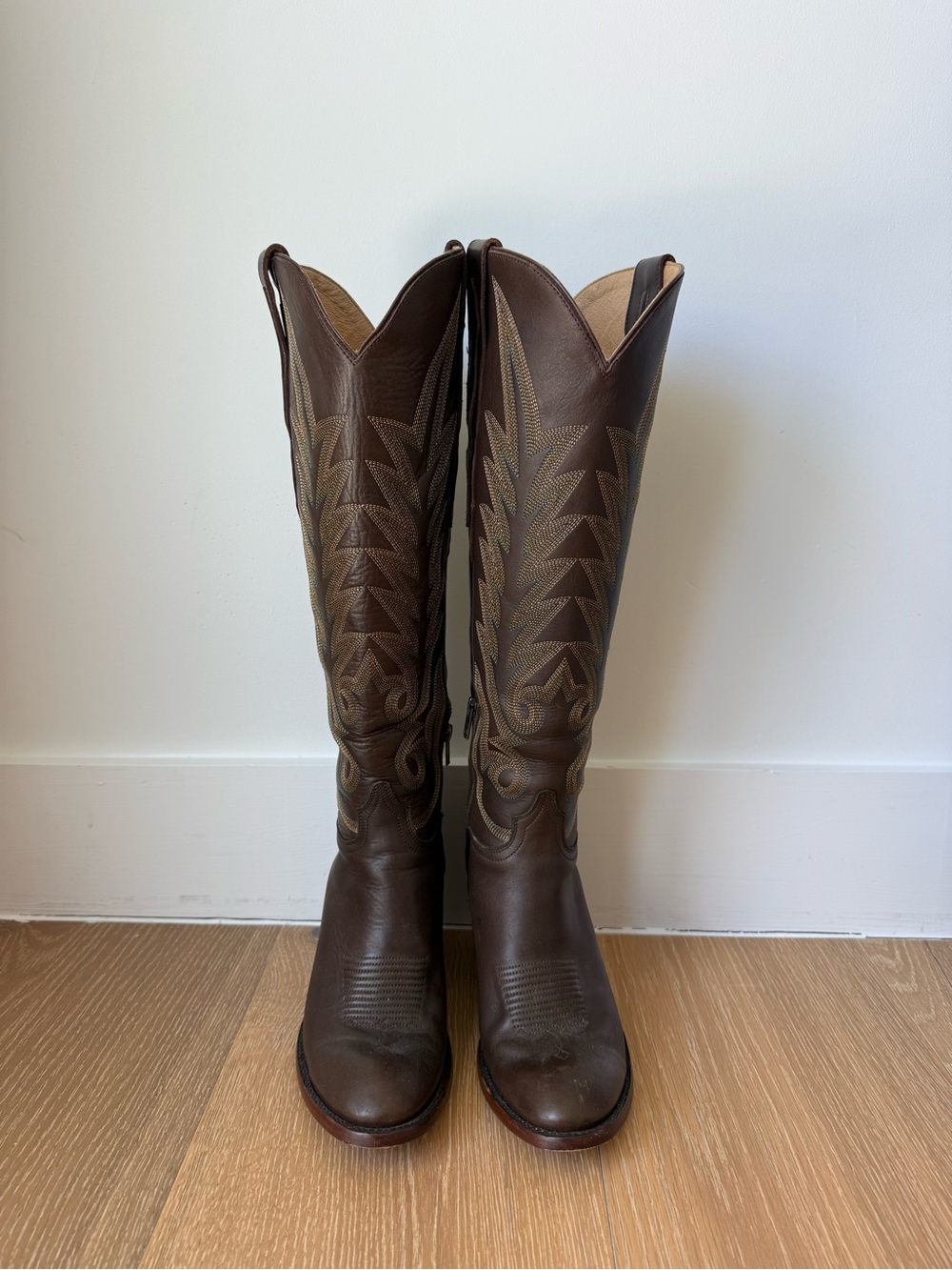 Lucchese Brown Tall Leather Western Boots with Decorative Stitching